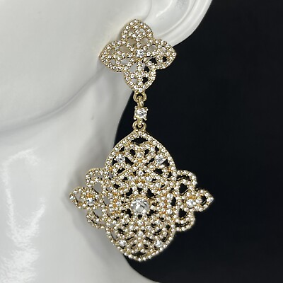 #ad Art Deco Rhinestone Chandelier Earrings Crystal Gold Tone Pierced Long Ornate $27.99