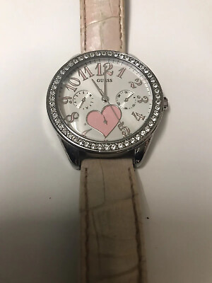 #ad Guess Watch Women Silver Tone Heart Dial Day Date Leather Band; Needs Battery $19.95