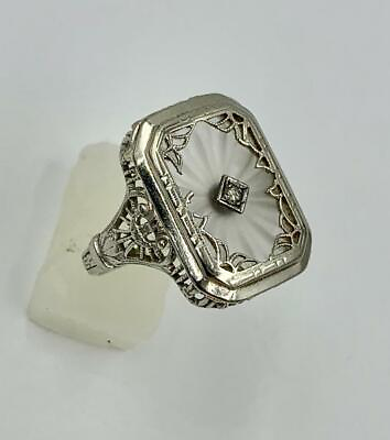 #ad Art Deco Diamond Ring Frosted Rock Crystal 14K White Gold Camphor Glass Filigree $595.00