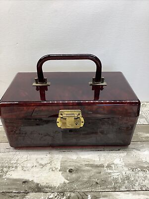 #ad Vintage Lucite Faux Tortoise Amber Tone Purse with Brass Hardware MCM READ $12.00