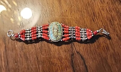 #ad Ruby LANE Turquoise Red 5 STRAND Coral SILVER PLATED Bracelet Cuff 1.5quot; x 7.5quot; $29.99