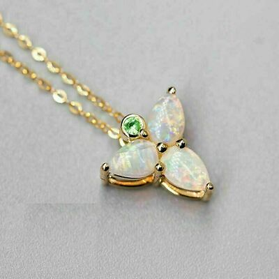 #ad 1.50Ct Simulated Opal Three Stone Pendant Free Chain 925 Silver Gold Plated $90.77