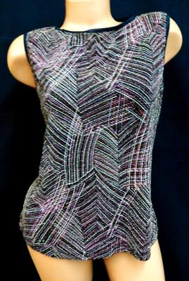 #ad Coin black gold multicolor abstract metallic shimmer sleeveless stretch top 1XL $12.99