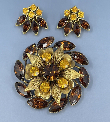 #ad vintage flower brooch earring set amber marquise pave rhinestones leaf motif 2quot; $144.77