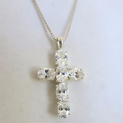 #ad Sterling Cross Pendant White CZ’s amp; 18 in Box Link Sterling Chain 5.5g 3261 $39.95