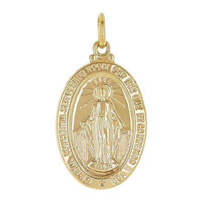 #ad 14k Yellow Gold Mother Mary Miraculous Medal with Words Pendant 1.2quot; 2.2 grams $176.24