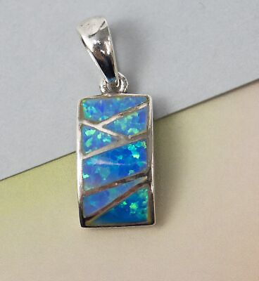 #ad Inlaid Lab Created Black Opal Rectangular Vintage Sterling Silver Pendant 2g $24.95
