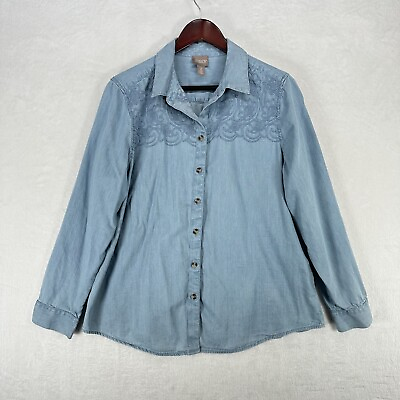 #ad Chicos Shirt Womens 2 Large Blue Chambray Embroidered Button Up Career Casual $20.00