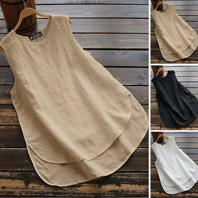 #ad Womens Summer Cotton Linen Solid Camisole Vest Holiday Loose Tank Tees T Shirt $3.29