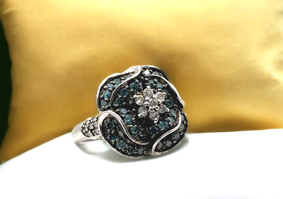 #ad Designer JS Sterling Silver 925 Pave Blue Diamond Floral Setting Ring Size 8 $119.00