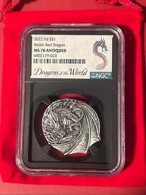 #ad Fiji 2022 $1 1oz Silver Welsh Dragon BU NGC MS70 Antique $250.00