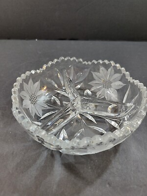 #ad American Brilliant Clear Cut Glass 3 Part Divided Nut Dish Etched Floral $67.48