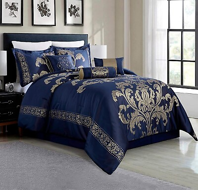 #ad Elegant Blue Gold 7 pcs Jacquard Floral Comforter Cal King Queen Set or Curtain $84.99