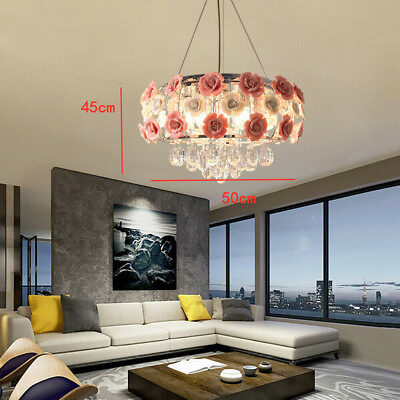 #ad Romantic Ceramic Rose Flower Chandelier Crystal Pendant Hanging Ceiling Light $75.52