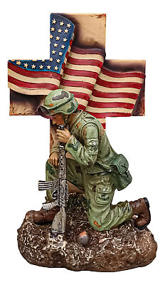#ad Military War Hero Soldier With Rifle By American Flag Cross Memorial Figurine $39.99