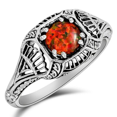 #ad Natural 1CT Red Fire Opal 925 Solid Sterling Silver Filigree Ring Sz 8 FR3 $36.99