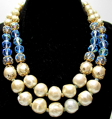 #ad VENDOME Gorgeous Glass Pearl Blue Crystal Vintage Necklace $99.99