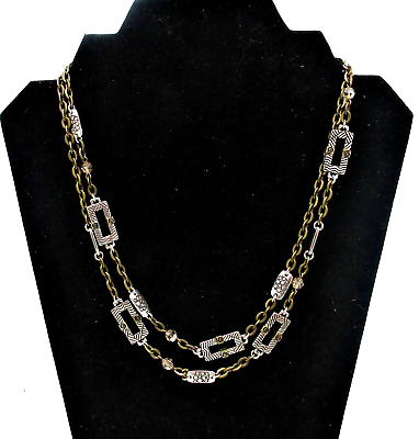 #ad Brighton Long Brass amp; Silver Etched Open Rectangular Modernist Crystal Necklace $38.99