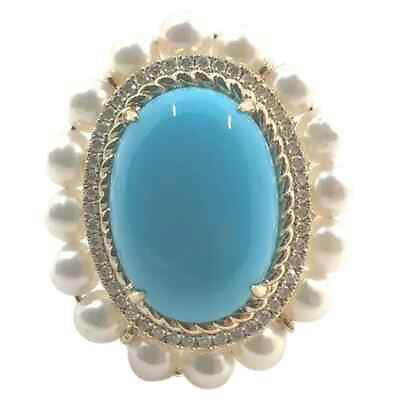 #ad 5.15ct Cabochon Turquoise amp; Freshwater Pearl Cocktail Ring 925 SS Elegant Jewel $290.00