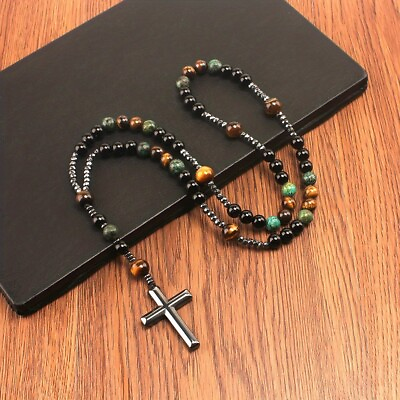 #ad Protection Hematite Cross Necklace Natural Tiger#x27;s Eye Turquoise Stone Necklace $17.99