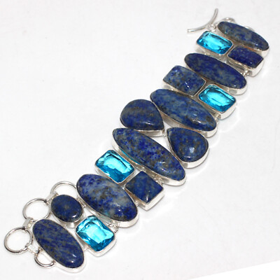 #ad 925 Silver Plated Lapis Lazuli Blue Topaz Big Cluster Gemstone Bracelet 8quot; GW $16.99