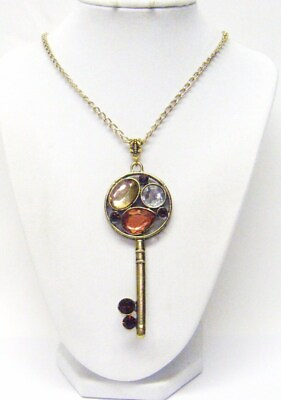 #ad Long Brass Key w Rhinestones Pendant Necklace $15.95
