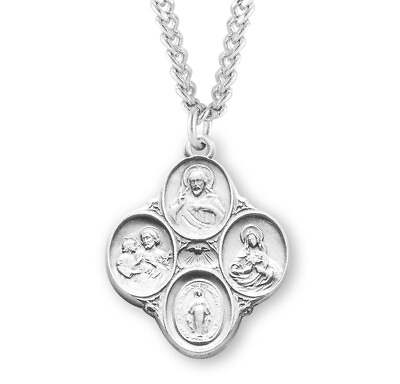 #ad Sterling Silver Round 4 Way Medal Catholic Patron Saint Pendant Necklace 1.1 In $79.88