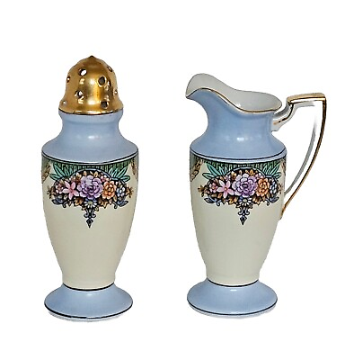 #ad Vintage Noritake Creamer amp; Muffineer Sugar Set Art Deco Blue Flowers 6.25quot;H $28.90