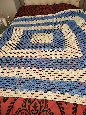#ad Handmade blue and white crochet bedspread blanket $35.00