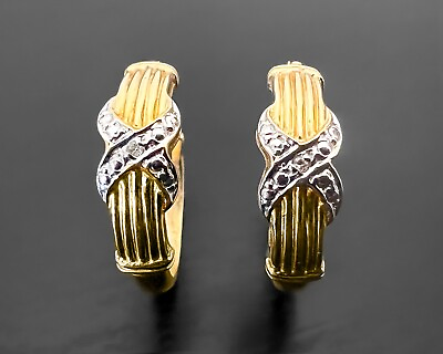 #ad Solid 14K Gold Mexico Signed Huggie Textured Crossover X Design Diamond Earrings $300.00