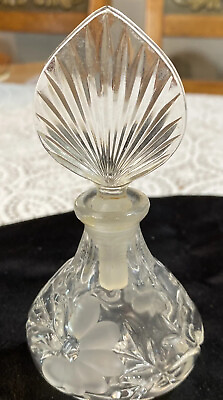 #ad Vintage Clear Cut Crystal Perfume Bottle w Frosted Flower Peddles 6quot; Tall $29.99