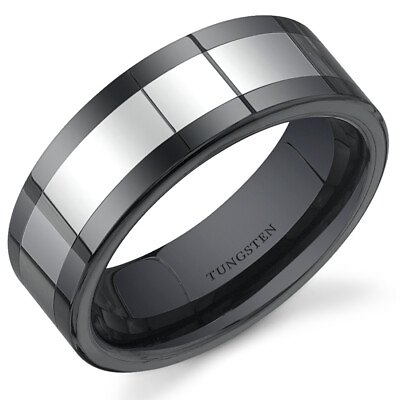 #ad Flat Edge 8 mm Mens Black Ceramic and Tungsten Combination Ring Size 8 to 13 $49.99