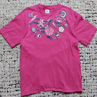 #ad Vintage Beach Shirt Large Pink Seashells Sand Dollar Starfish Mom Single Stitch $18.69