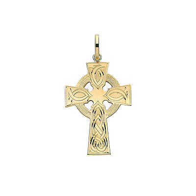 #ad 9ct Gold 31mm Semi Solid Celtic Engraved Cross Pendant GBP 522.35