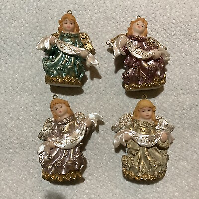 #ad 4 Resin Angel Ornaments With Sashes Saying Love Faith Joy Peace Pearlized Paint $5.79