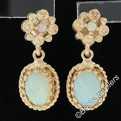#ad Estate 14k Yellow Gold Oval amp; Round Cabochon Opal Flower Dangle Drop Earrings $399.20