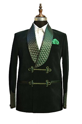 #ad Men Green Smoking Jacket Designer Elegant Luxury Party Wear Quilted Blazer Coats $134.99