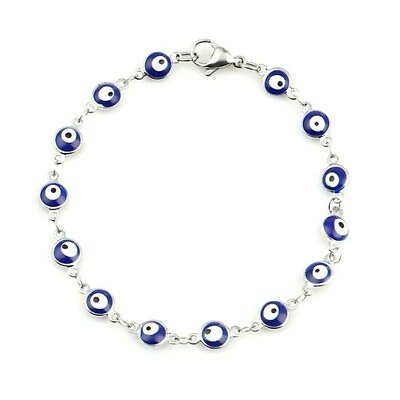 #ad Blue Evil Eye Bracelet 7quot; 304 Stainless Steel Puffed Bezel Set 2 Sided Links $19.99