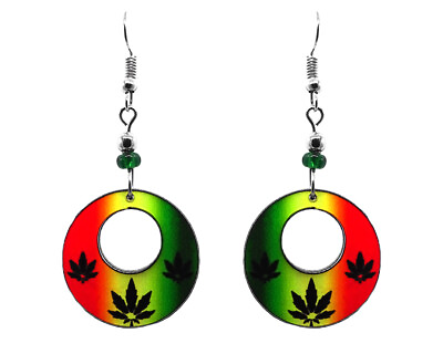 #ad Rasta Pot Leaf Round Hoop Earrings Smoker Stoner Fashion Womens Legalize Jewelry $13.99