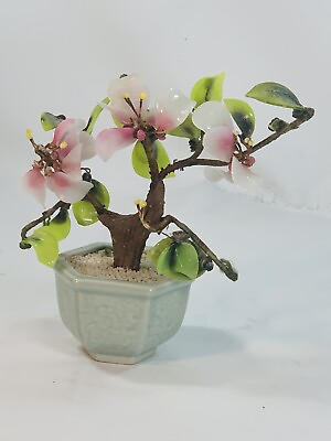 #ad Vintage Celadon Glass Jade Cherry Blossom Flower Bonsai Prunus Tree Petite Wire $31.50
