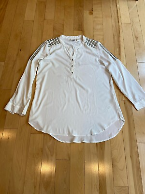 #ad Chicos White Embellished Long Sleeve Woven Poly Tunic Top Size 2 12 $32.99