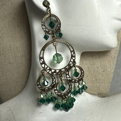 #ad Beautiful gold toned green crystal chandelier pierced earrings $34.20