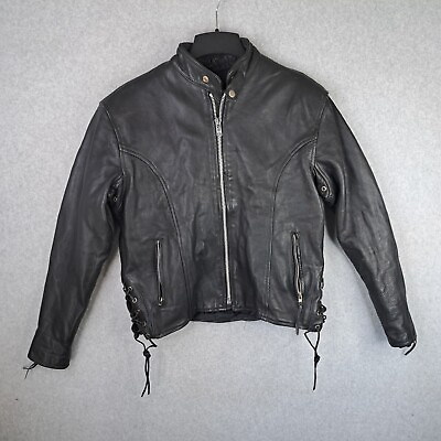 #ad Vintage SHAF Heavy Black Leather Motorcycle Jacket Men#x27;s 40 Zipper Biker Liner $59.97