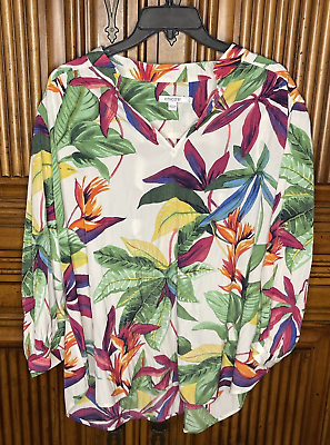 #ad Chicos Womens Top Size 3 Extra Large XL White Green Red Bird of Paradise Flowy $24.97