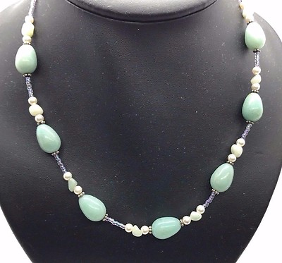 #ad Vintage Sterling Silver 925 Handcrafted Beaded Natural Chalcedony Pearl Necklace $35.60