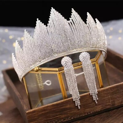 #ad 2 Pc Luxury Bridal Rhinestone Tiara Crystal Earrings Set Wedding Crown Pageant $26.00