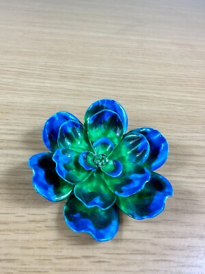 #ad Vtg Enamel Flower Large Brooch Blue Green Metal Daisy Mum Dalia Rose Brooch Pin $15.15