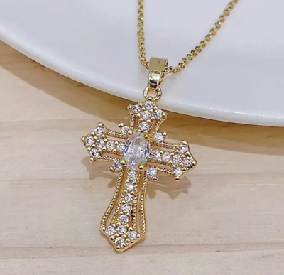 #ad Women Luxury 14K Gold Plated Rhinestone Crystal Cross Pendant Necklace Charm New $12.98