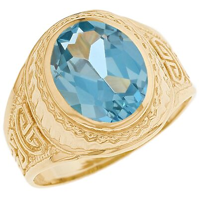 #ad 10k or 14k Gold Simulated Aquamarine Greek Design March Birthstone Mens Ring $279.99