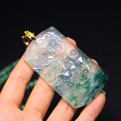 #ad Certified Natural AA Perfect High Ice Green Jade Jadeite dragon Pendantamp;Necklace $55.00